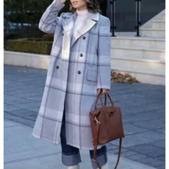 NWOT Ann Taylor Wool Blend Grey White Plaid Long Peacoat XS - Picture 6 of 7